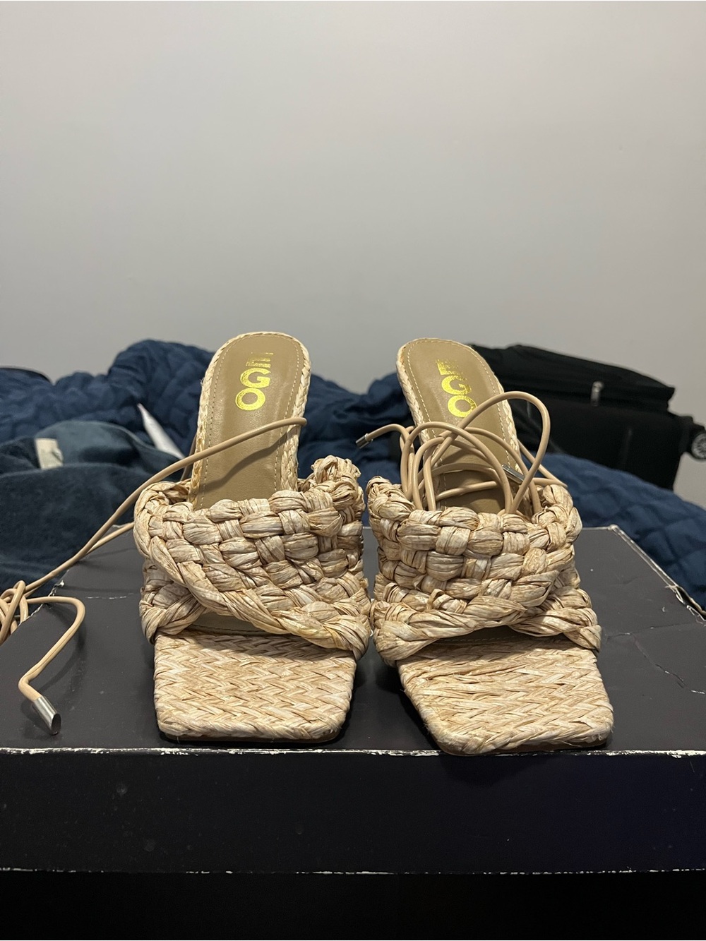 EGO Natural Braided Straw Lace-Up Mules